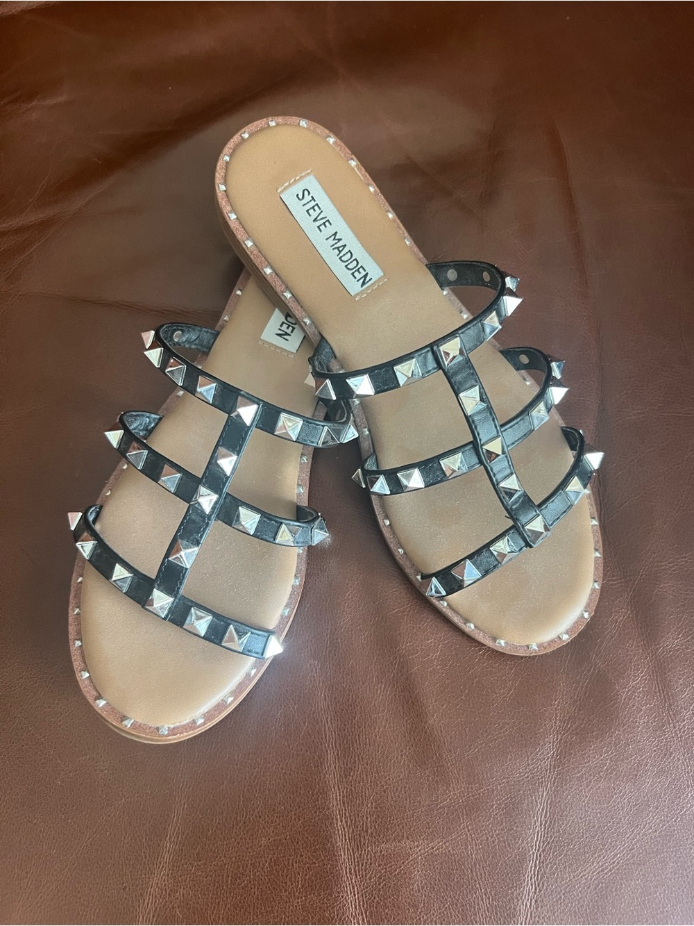 Steve Madden Black Pyramid Stud Multi-Strap Slide Sandals gently used